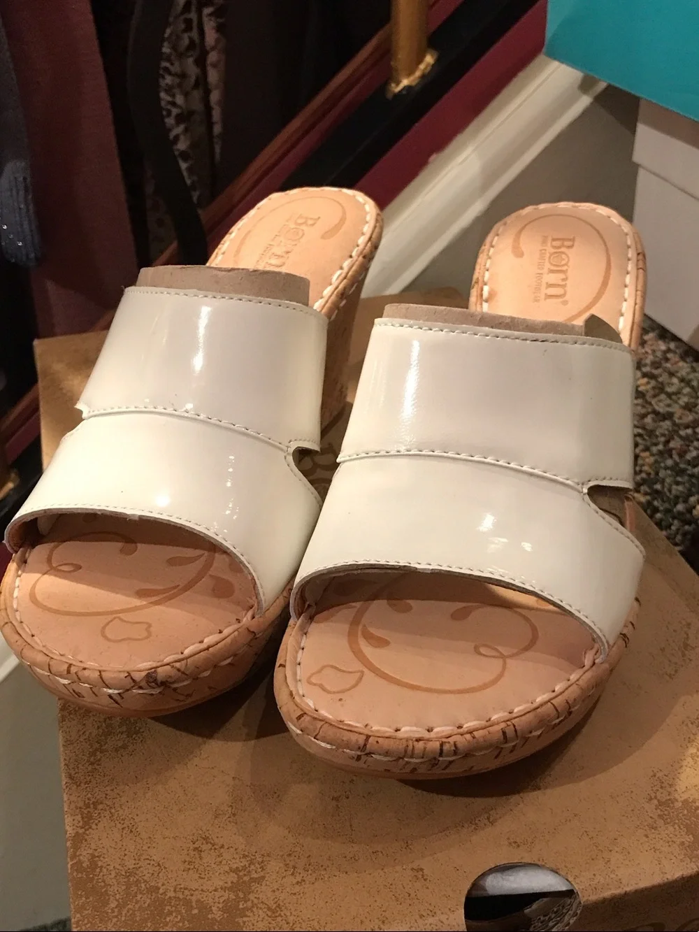 Born White Patent Leather Slide Sandals with Woven Wedge